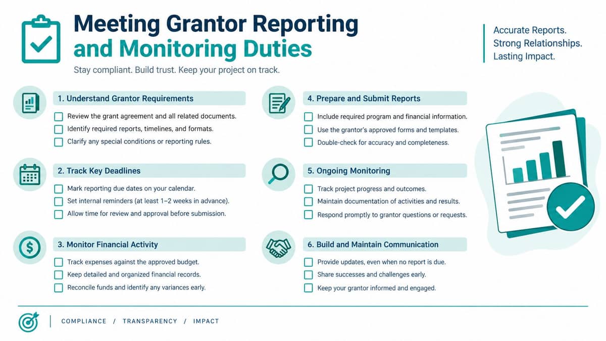Checklist of six grantor reporting duties from records through the final report