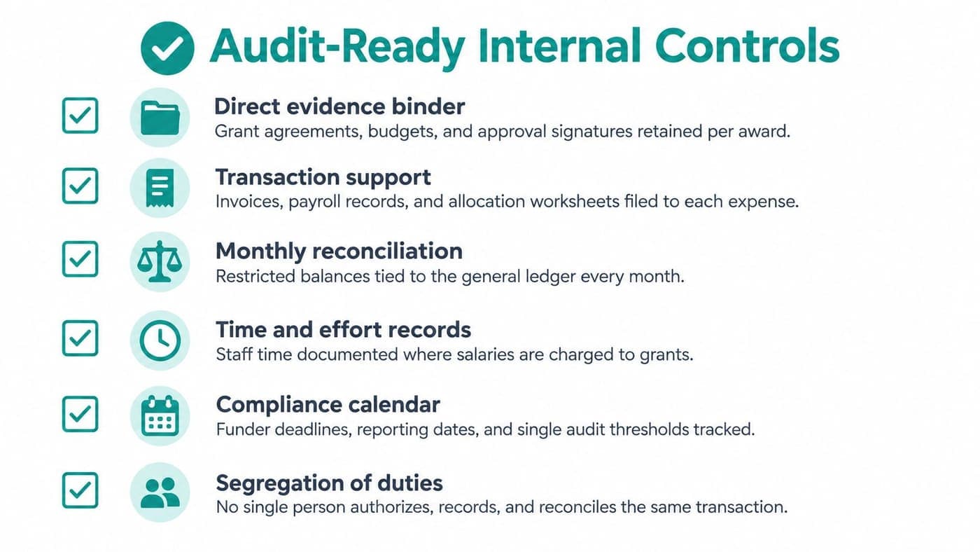 Checklist of six internal controls for audit-ready nonprofit grant accounting