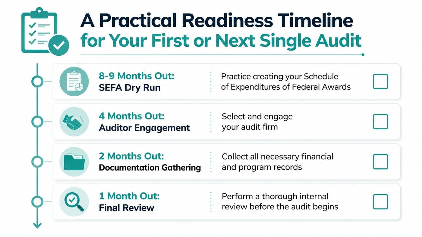 Eight-month single audit readiness timeline with four preparation steps