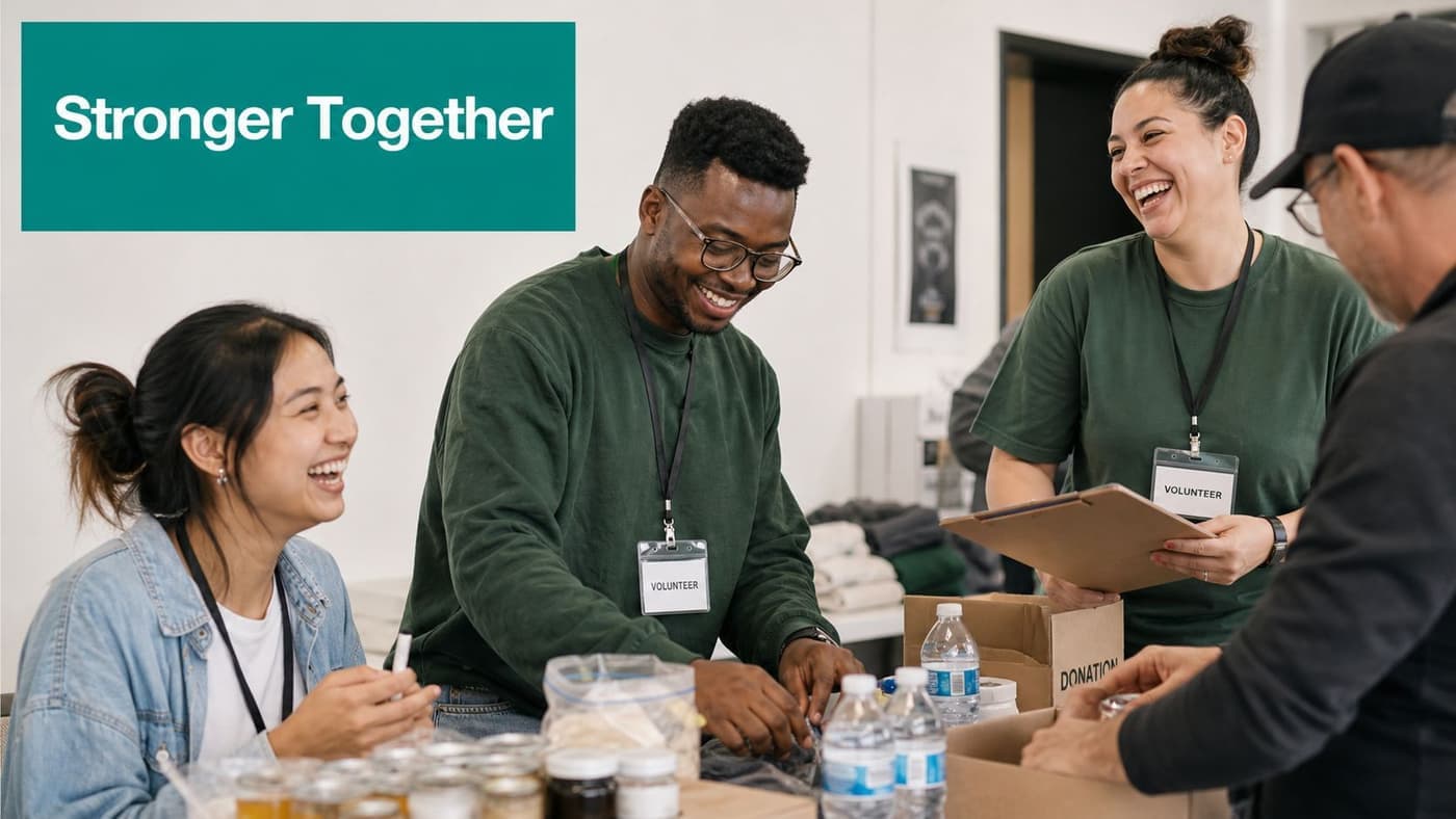 Community volunteers packing food donations together indoors onsite