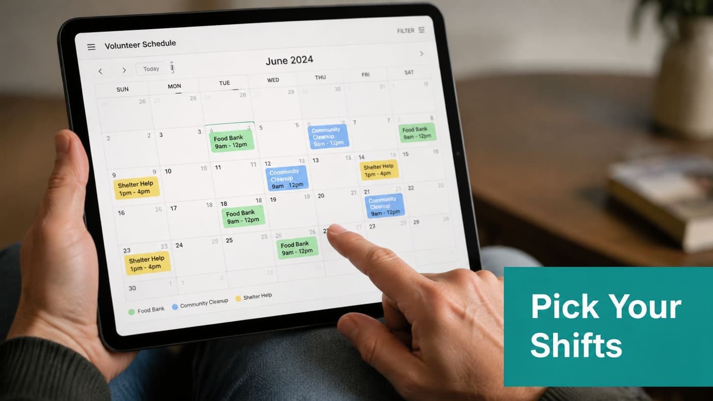 Digital volunteer schedule with June shift opportunities calendar