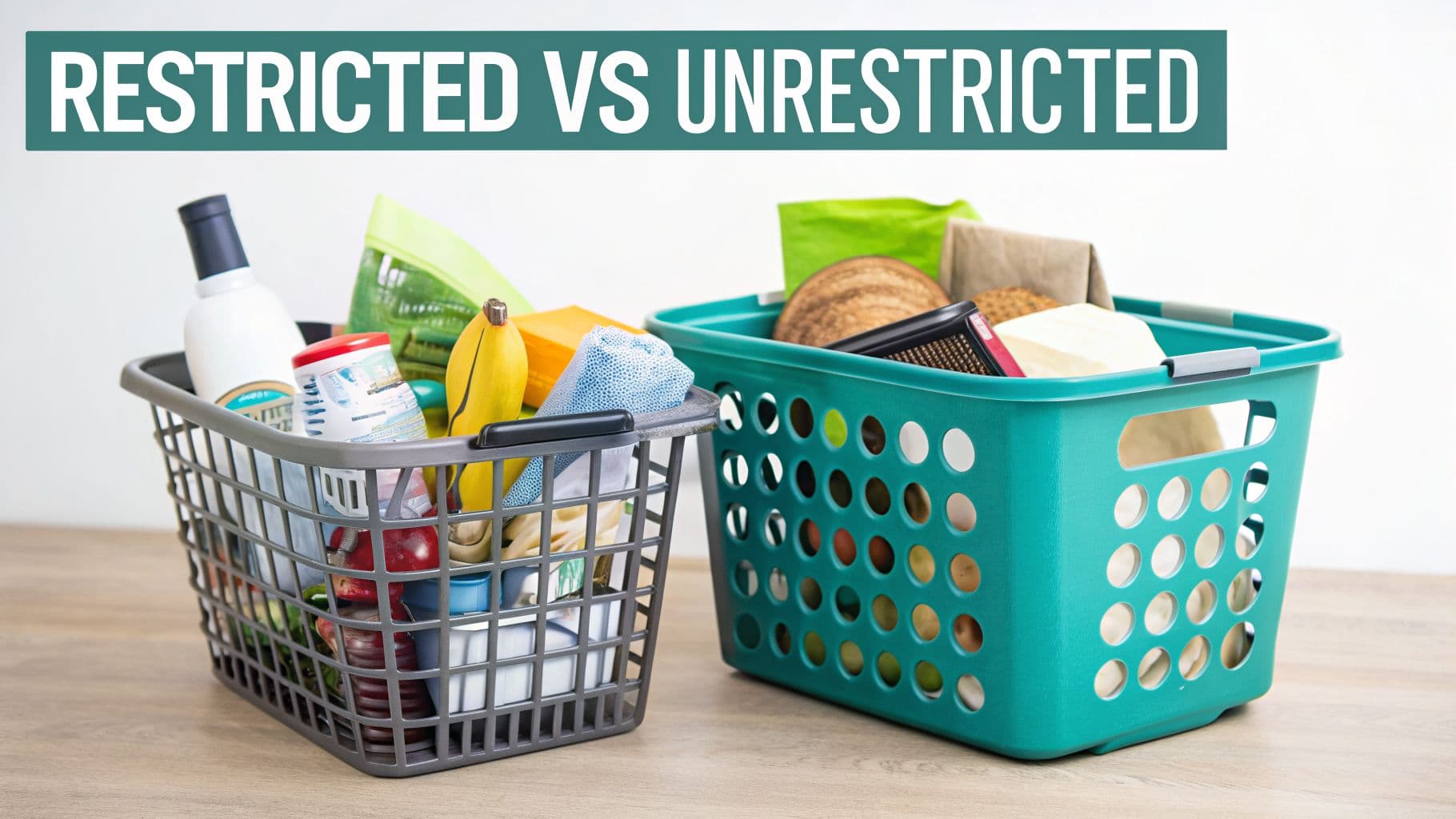 Two shopping baskets, one grey and one teal, filled with various items, labeled "RESTRICTED VS UNRESTRICTED".