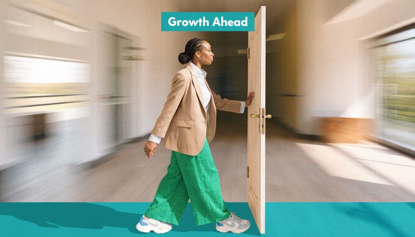 A professional woman in a blazer walking through an open door representing career growth and business opportunities.