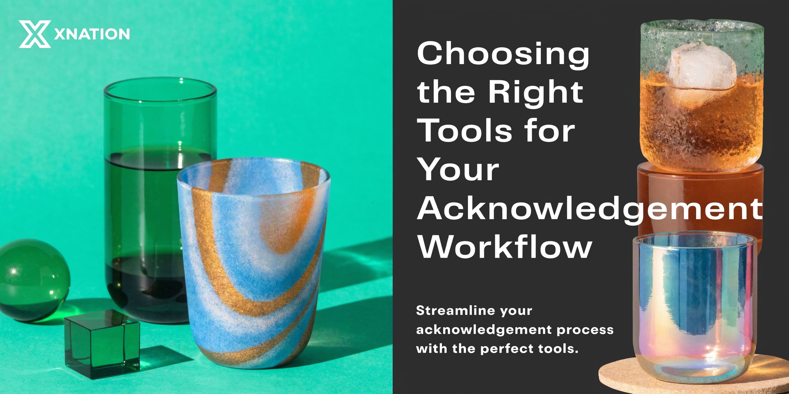 A modern graphic design featuring abstract glassware with the text about choosing tools for acknowledgement workflows.