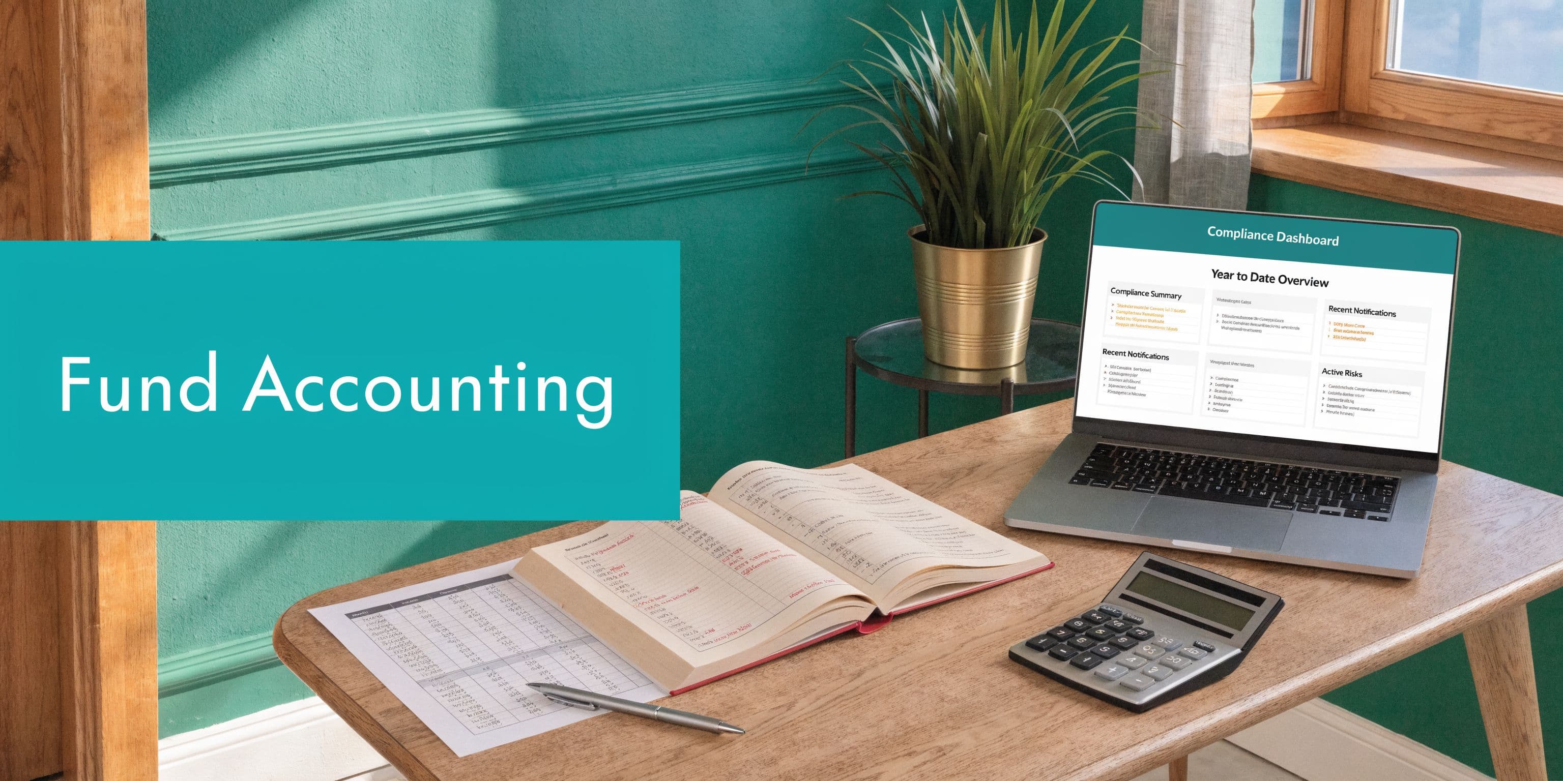 A wooden desk featuring a laptop displaying a compliance dashboard, an open accounting ledger, and a calculator.