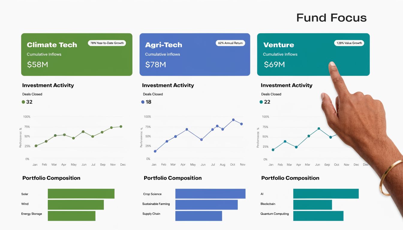 A digital dashboard showing fund performance metrics, investment activity, and portfolio composition for three investment categories.
