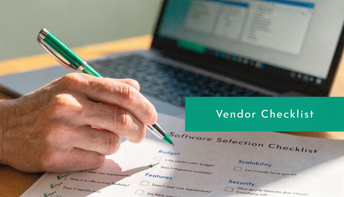 A person writing on a software selection vendor checklist document with a green pen near a laptop.