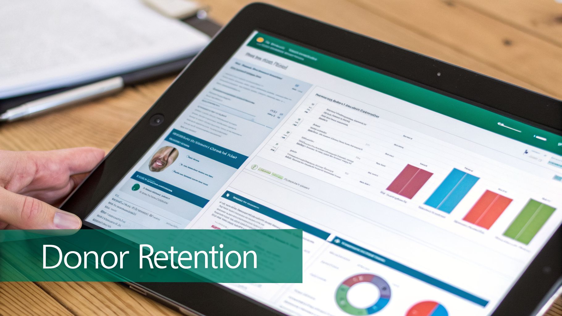 A hand holds a tablet displaying a donor retention dashboard with charts and donor profiles.