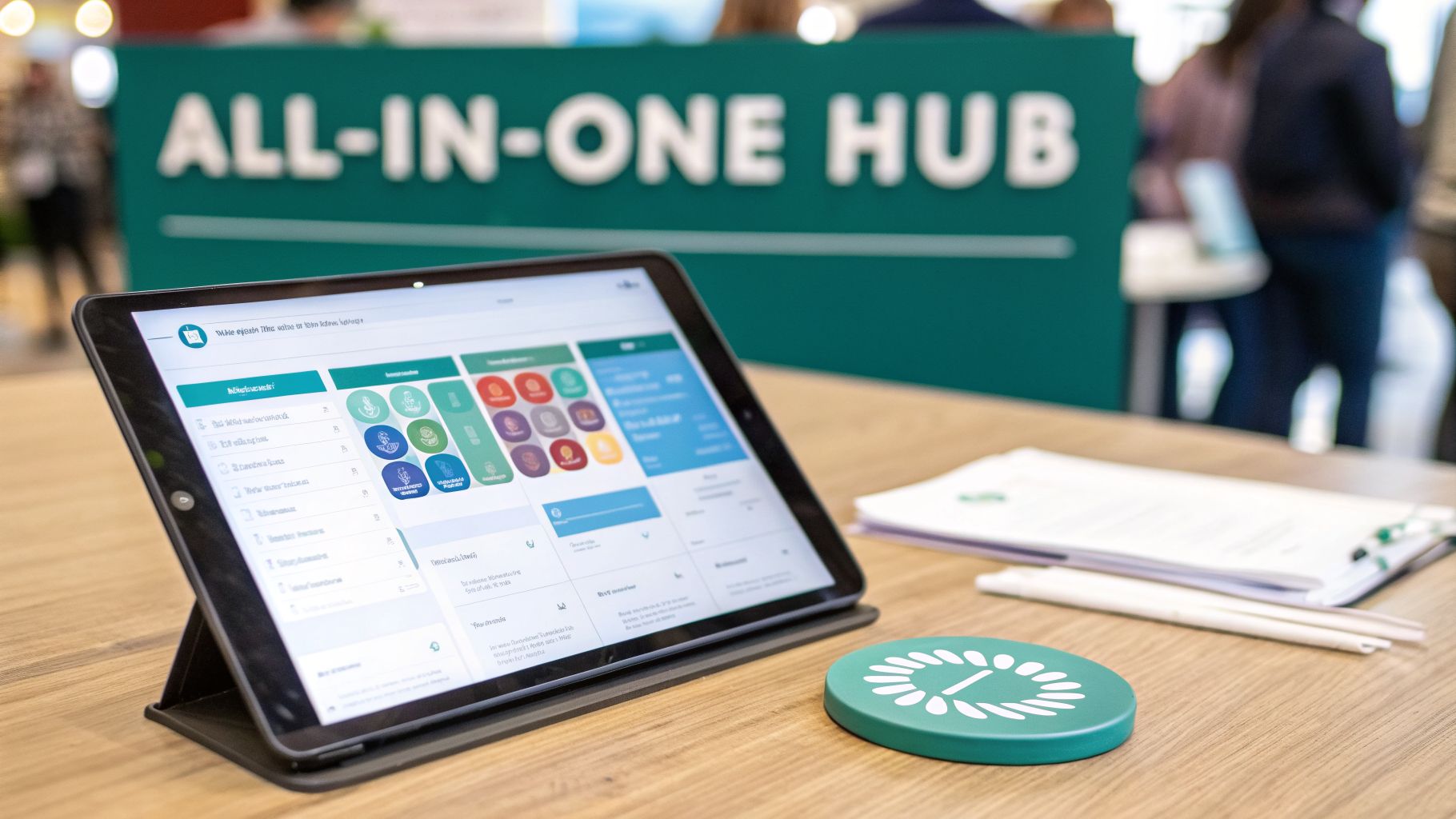 A tablet displays a software dashboard, with documents and a branded coaster on a wooden table, backed by an "ALL-IN-ONE HUB" sign.