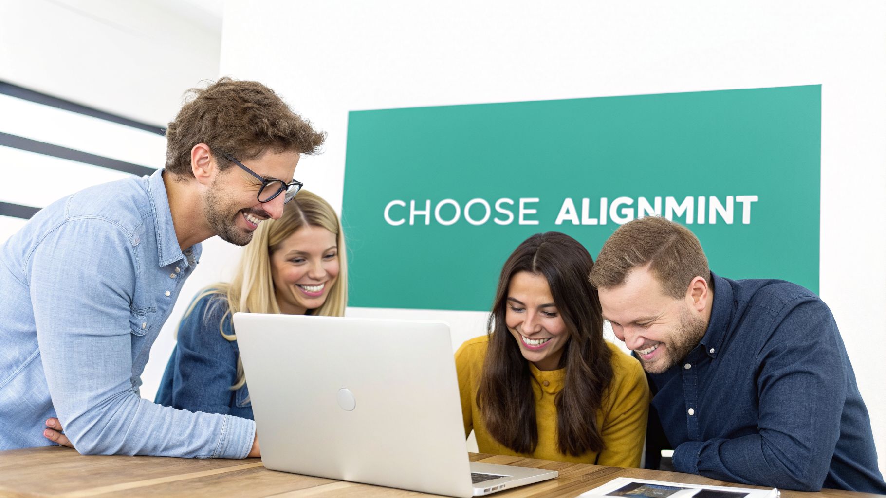 Smiling colleagues happily collaborate around a laptop in an office with a motivational sign.