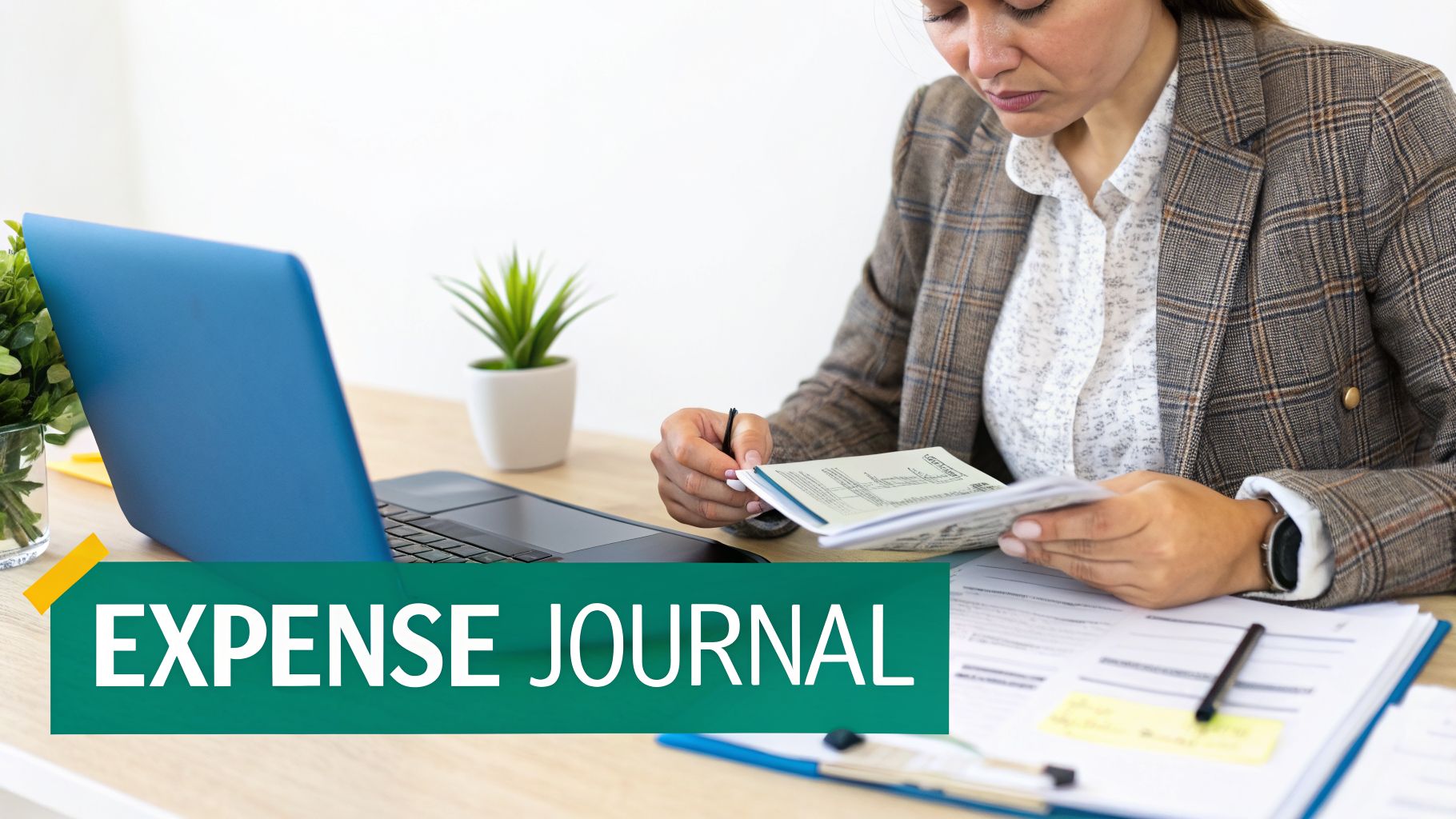 Nonprofit professional reviewing expense journal records at desk