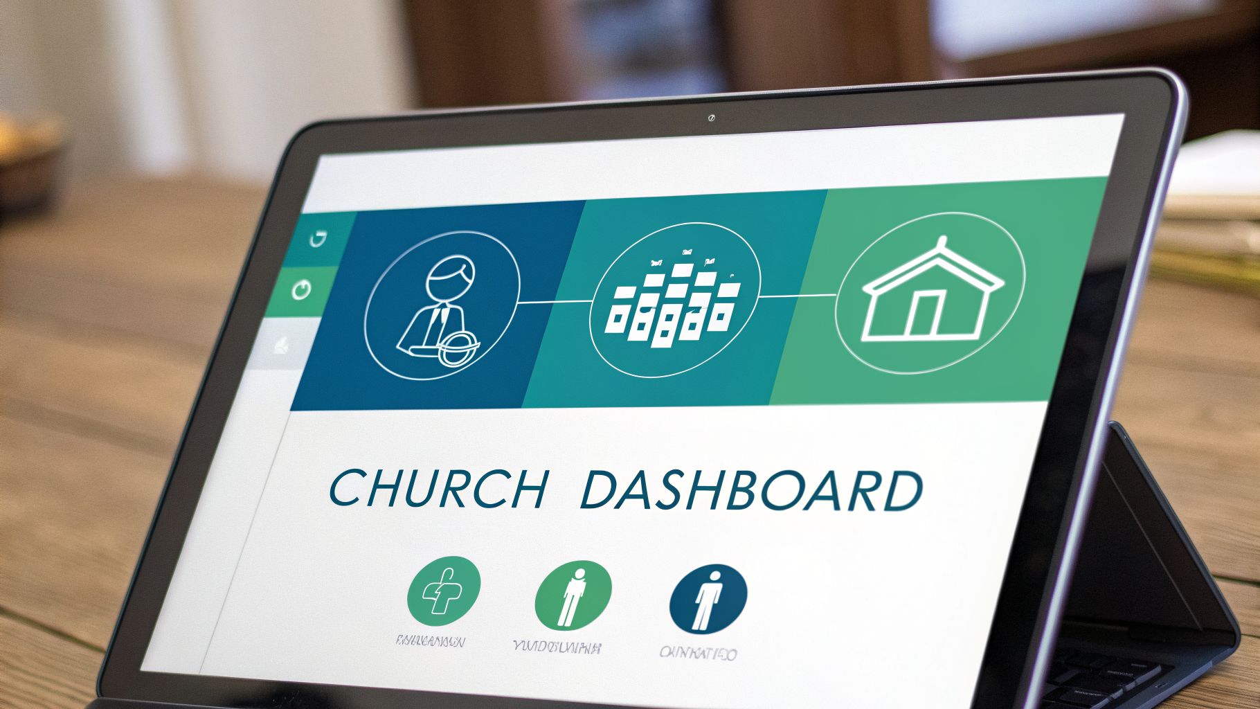 Close-up of a tablet displaying a 'Church Dashboard' with icons for leadership, members, and church building.