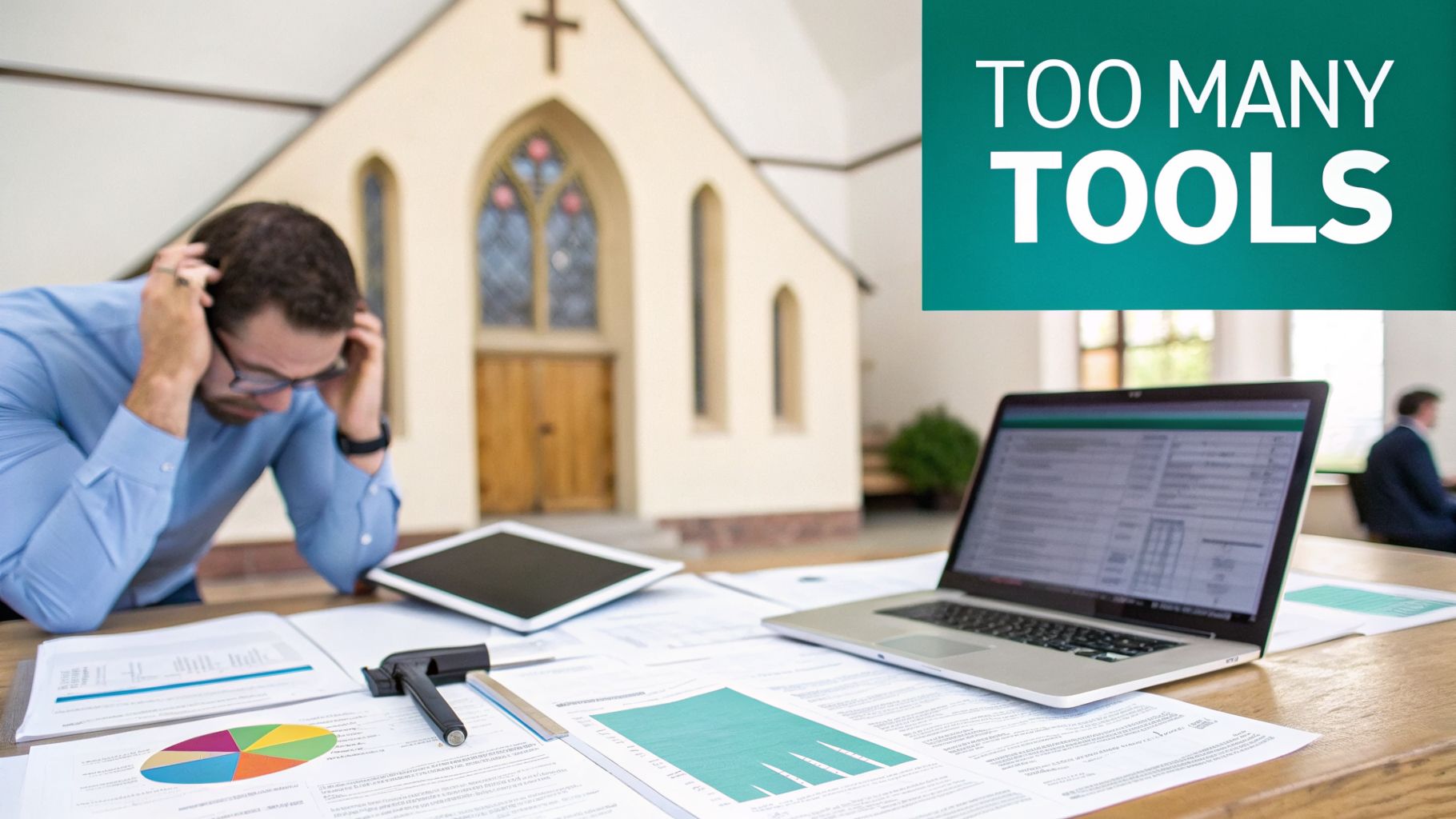Stressed man in a church setting overwhelmed by too many tools, documents, and technology.