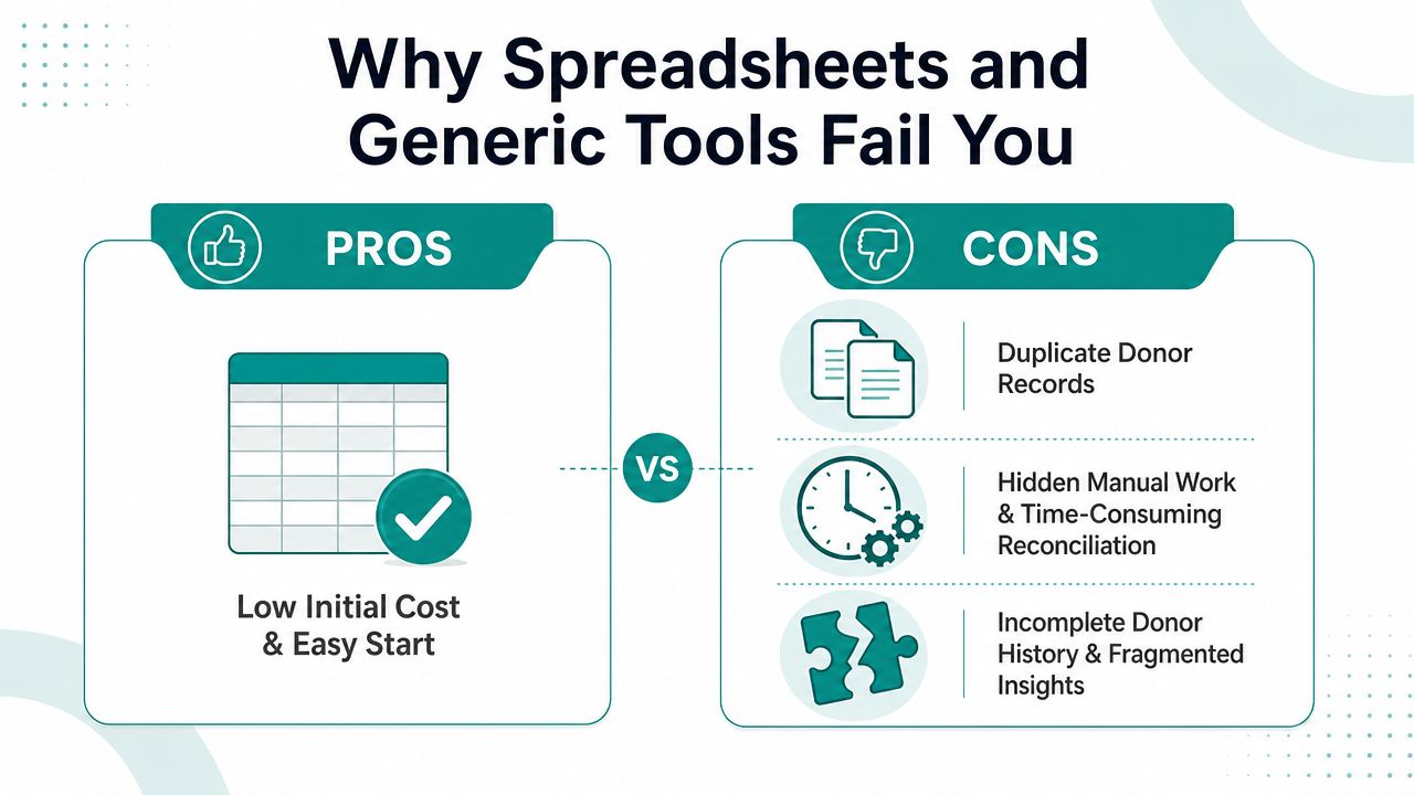 A comparison chart showing pros and cons of using spreadsheets and generic tools for donor management.