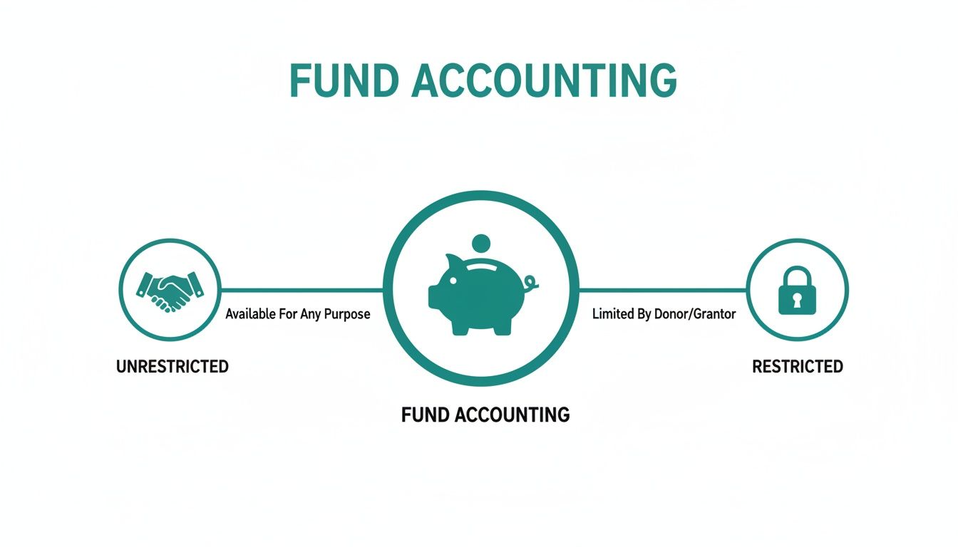 Diagram illustrating fund accounting, showing unrestricted funds available for any purpose and restricted funds limited by donor