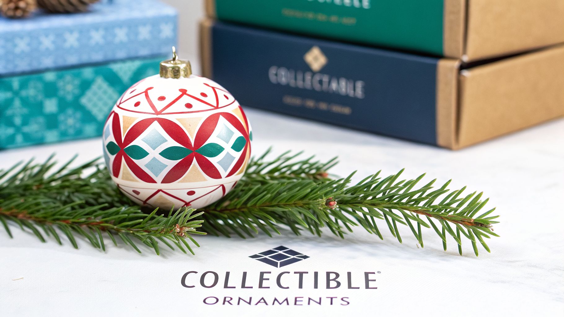 Decorative white Christmas ornament with red, gold, and teal patterns on a green pine branch
