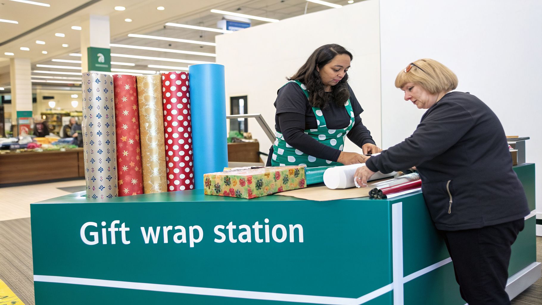 Two volunteers at a gift wrap station with colorful festive paper for a Christmas fundraiser