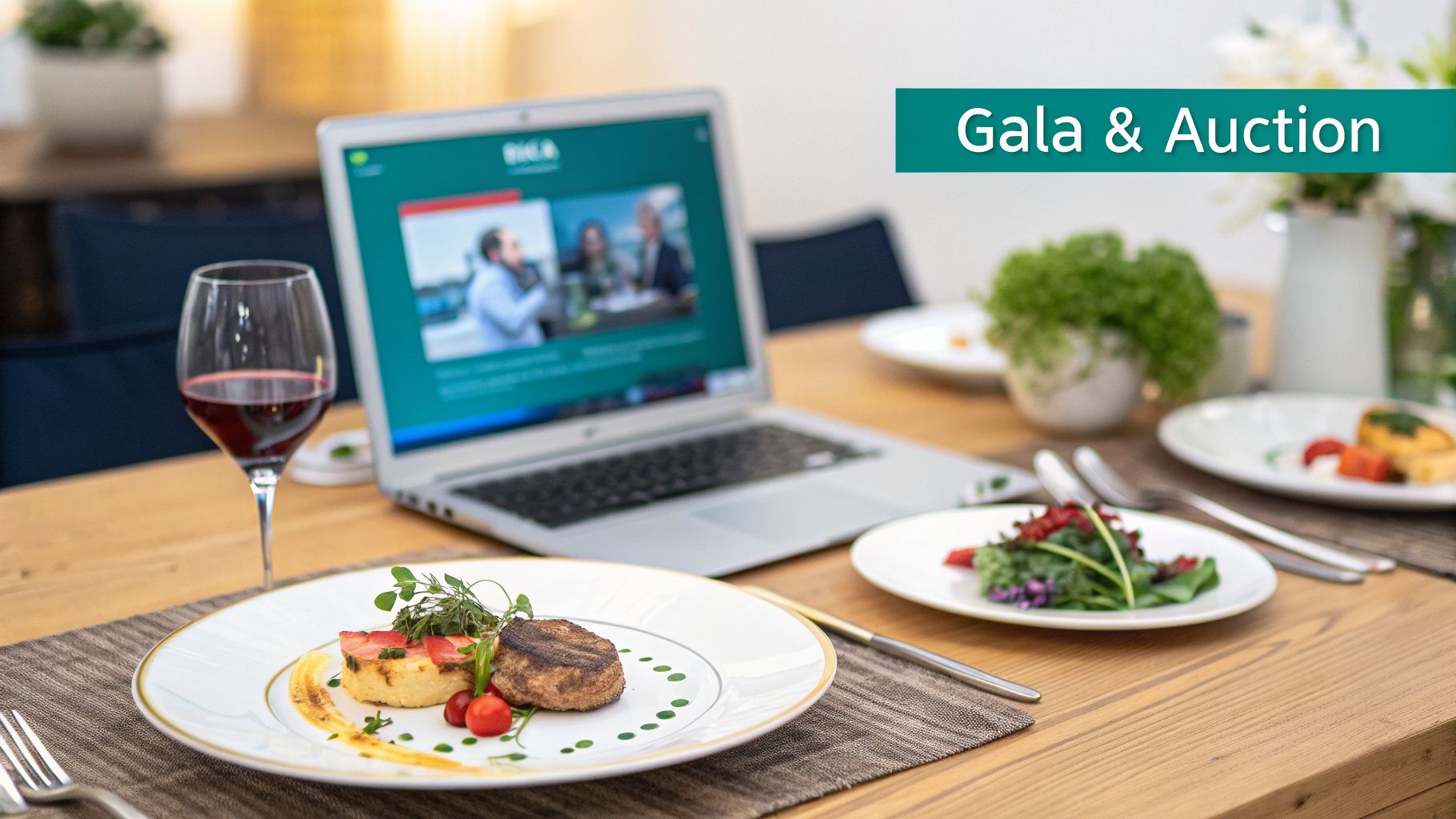 Elegant table set for a virtual gala fundraiser with fine dining and a laptop displaying an online event