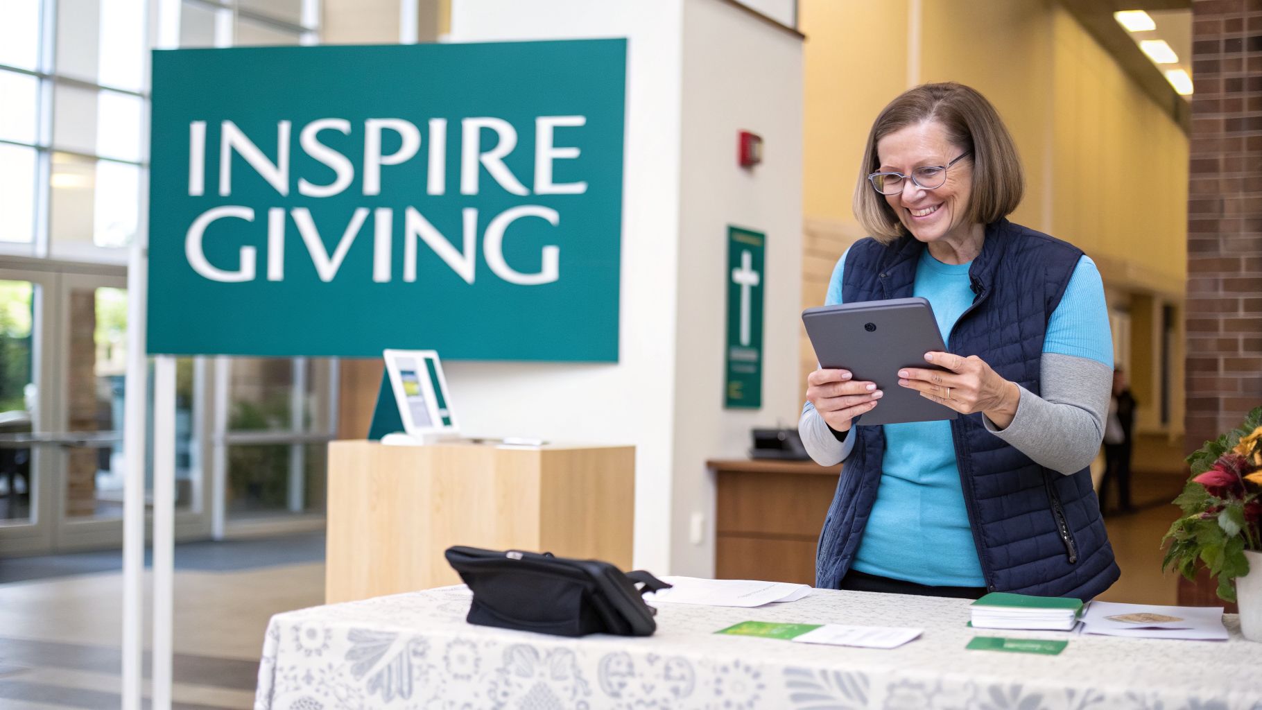 A smiling woman uses a tablet at a church event with an 'INSPIRE GIVING' sign behind her.