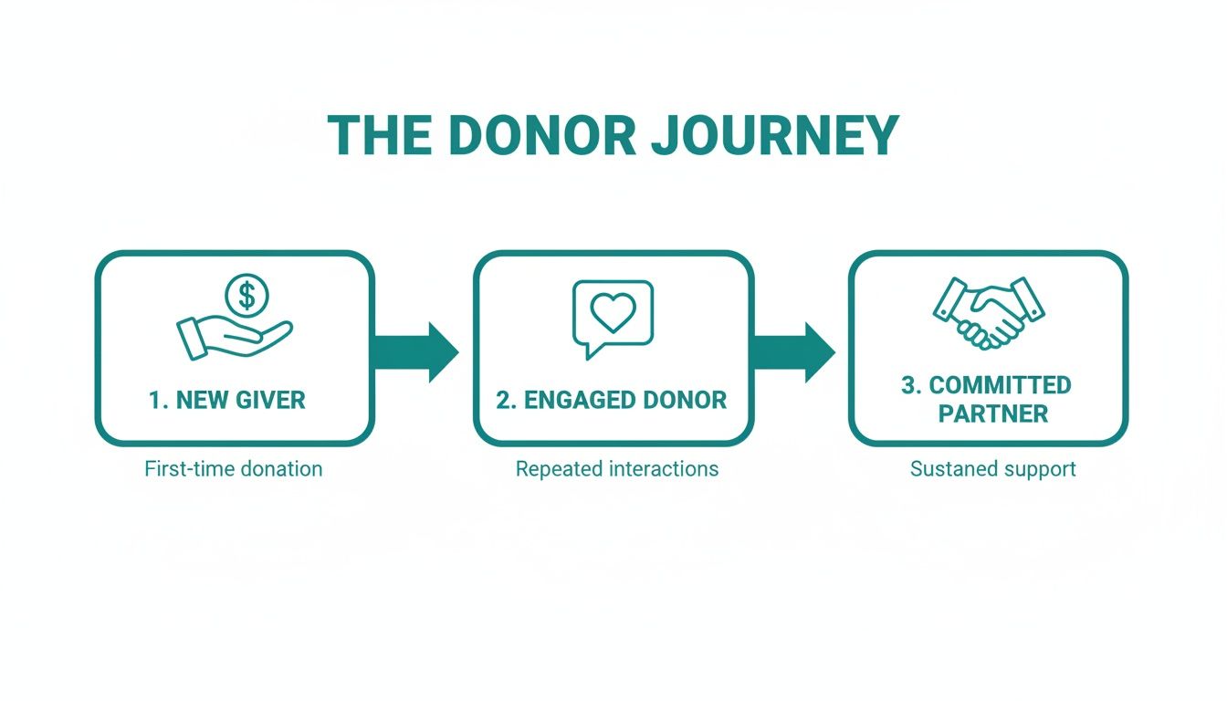 A donor journey infographic shows three stages: New Giver, Engaged Donor, and Committed Partner.