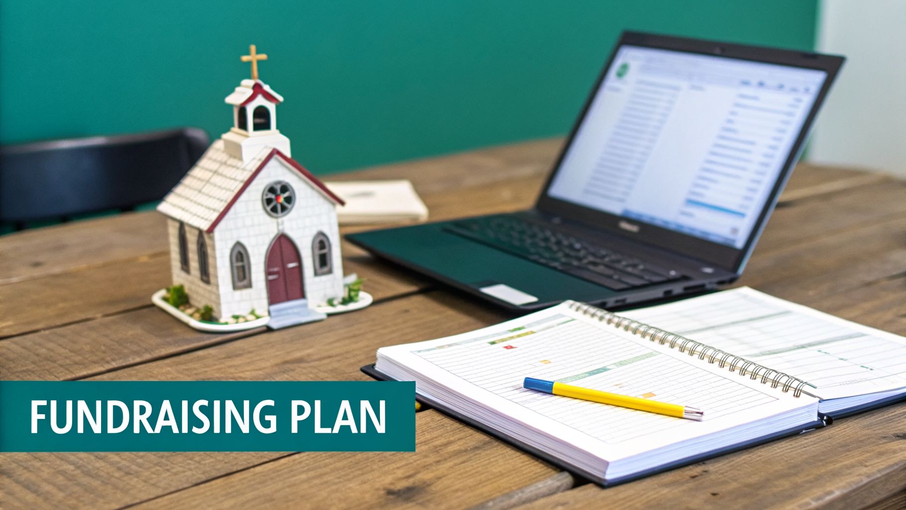 A church model, laptop, and open planner with a pen on a wooden table, showing 'Fundraising Plan'.