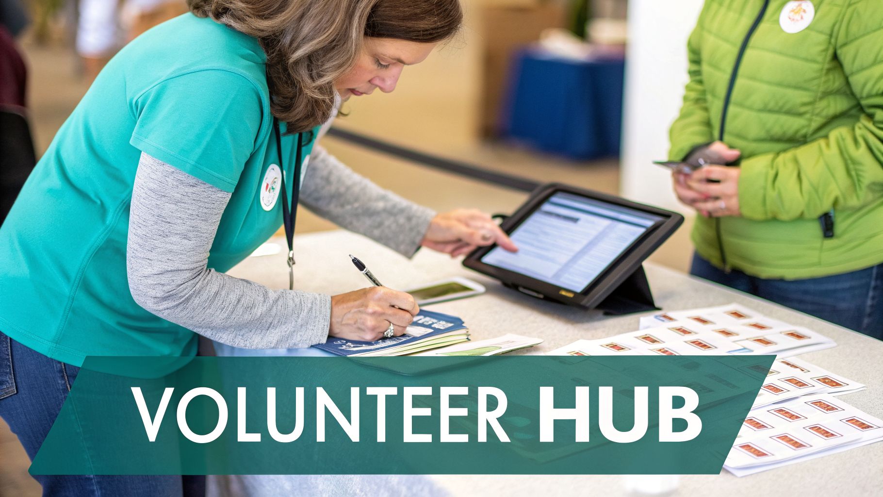 Two women at a volunteer hub registration desk, one writing in a notebook, the other browsing a phone.