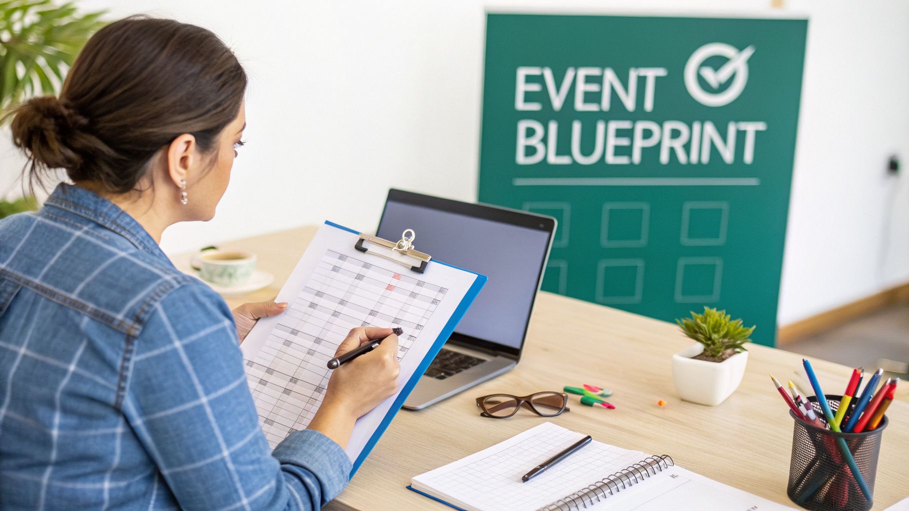 Woman planning an event at a desk, checking a clipboard with promotional materials