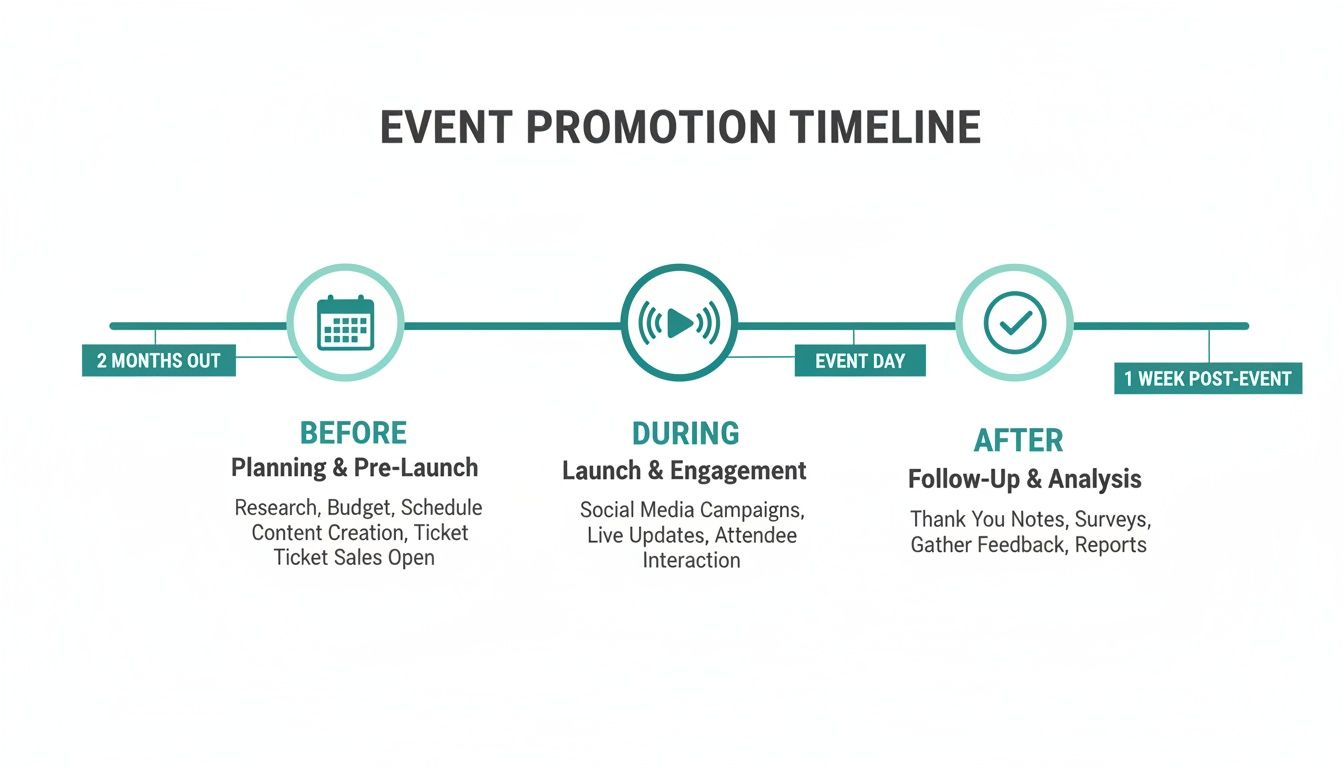Event promotion timeline visually outlining before, during, and after phases with key tasks