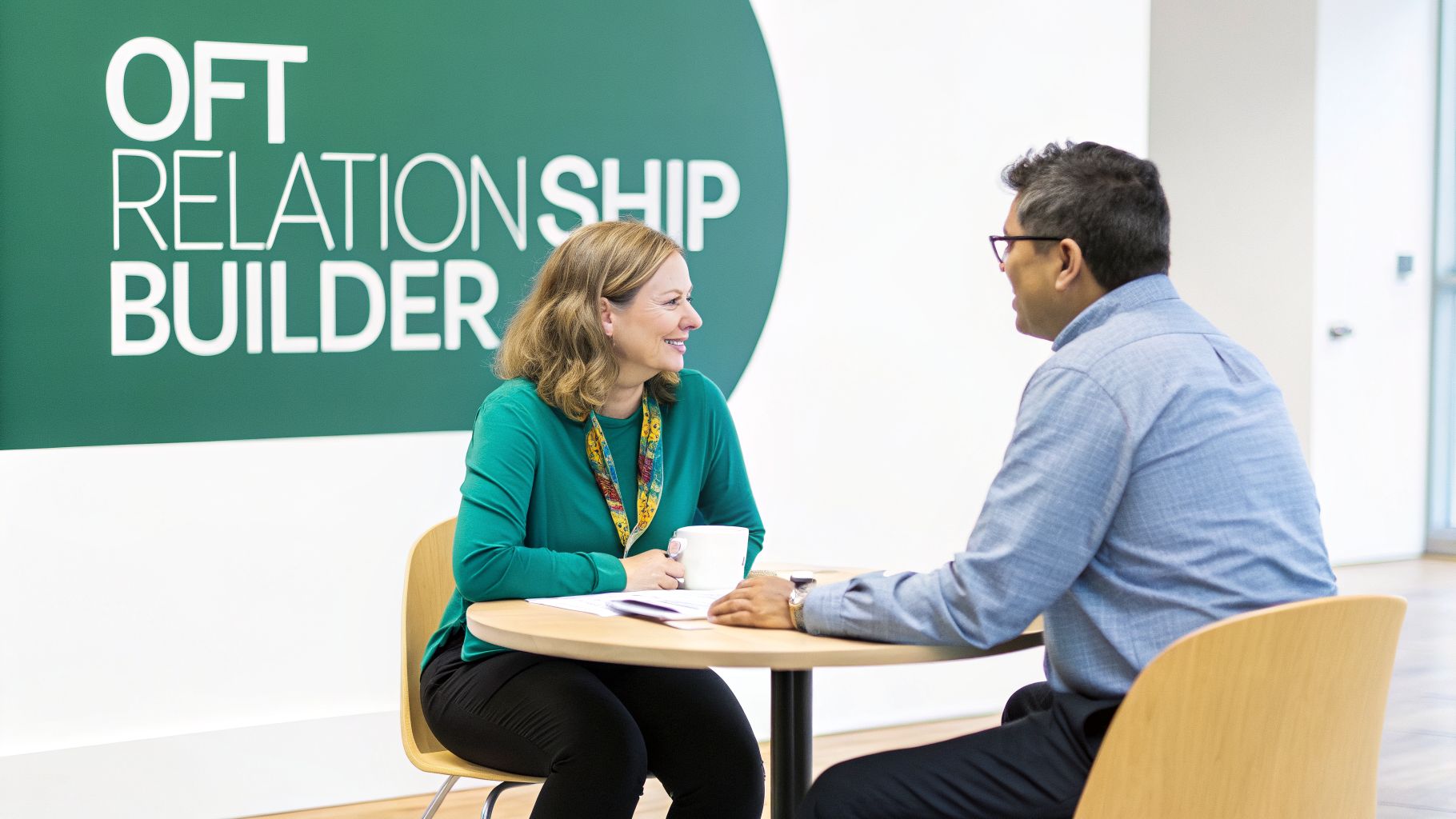 Two professionals, a woman and a man, smiling and conversing at a table in an office.