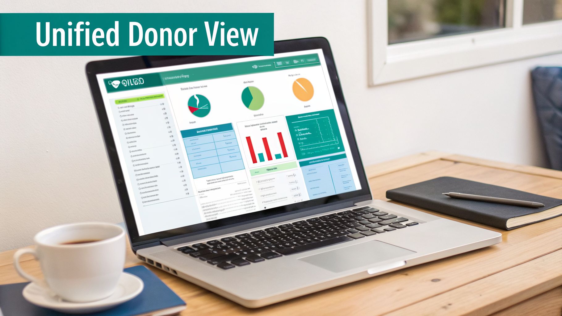 A laptop displays a Unified Donor View dashboard with various charts and data, on a wooden desk with a coffee cup and notebook.