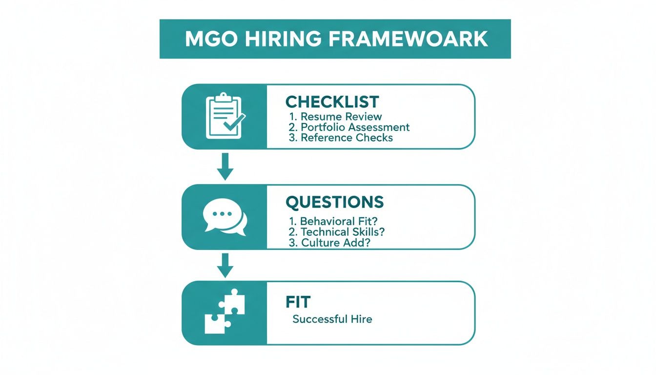 A flowchart illustrates the MGO hiring framework, detailing steps from checklist and questions to a successful hire.