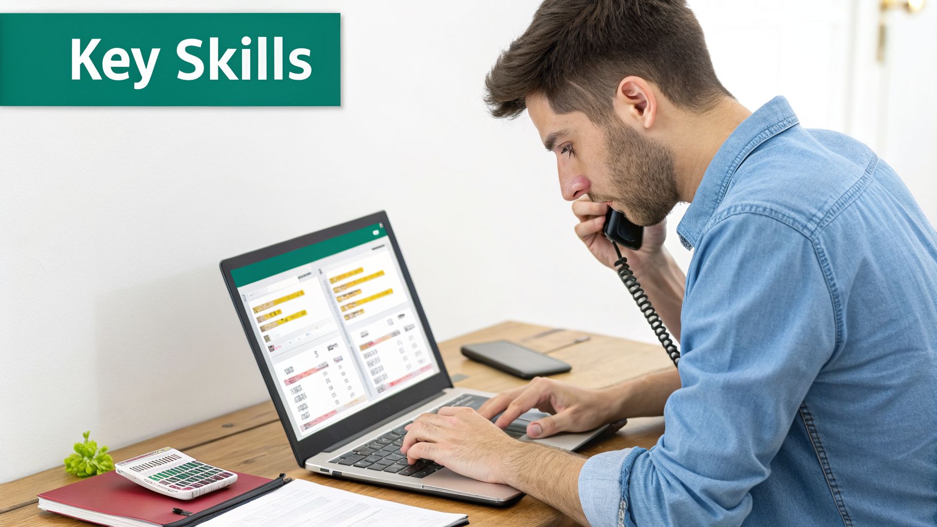 Young man multitasking, talking on phone while typing on laptop at a wooden desk.