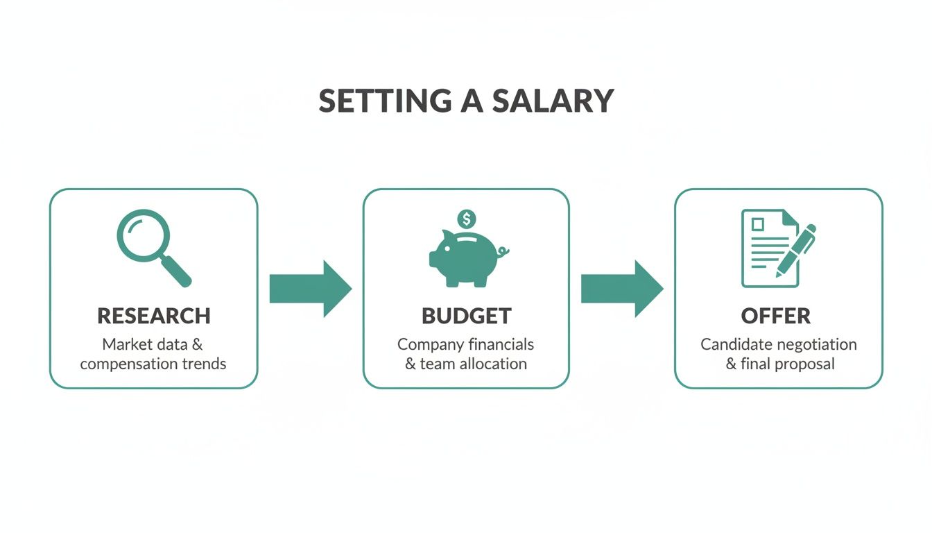 Flowchart illustrating the three steps for setting a salary: research, budget, and offer.