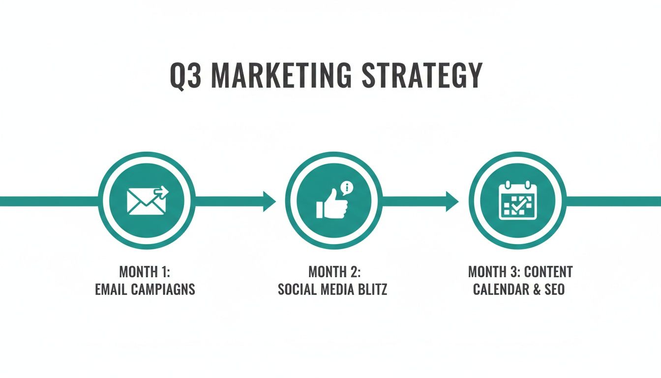 Q3 marketing strategy timeline showing email campaigns, social media blitz, and content calendar and SEO.
