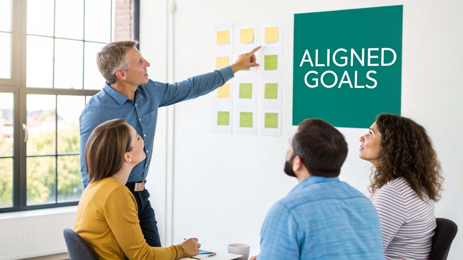 A diverse group of colleagues discusses aligned goals and a marketing plan during an office meeting.