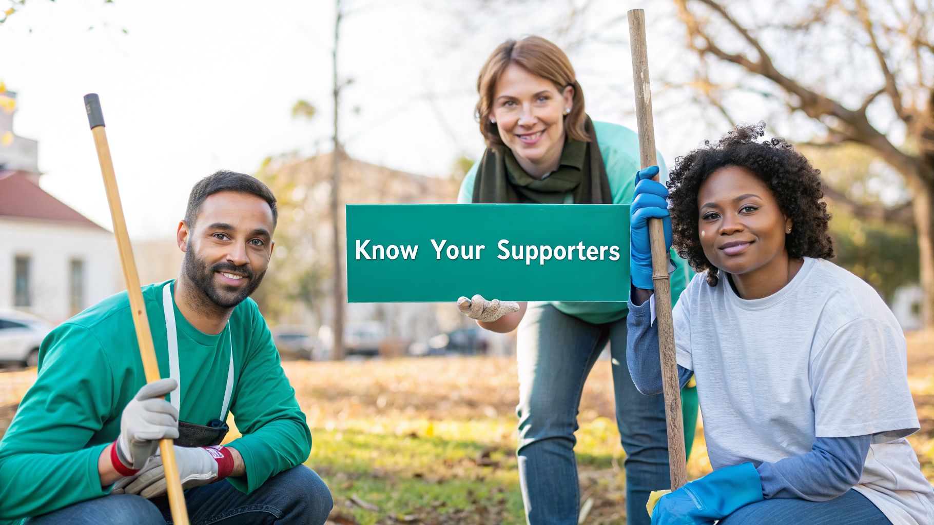 Three diverse volunteers, one holding a Know Your Supporters sign, smiling outdoors.