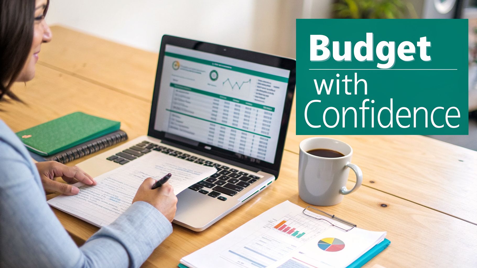 Nonprofit professional confidently budgeting with laptop and financial charts