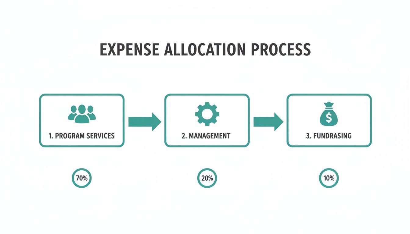 Flowchart showing the expense allocation process for program services, management, and fundraising