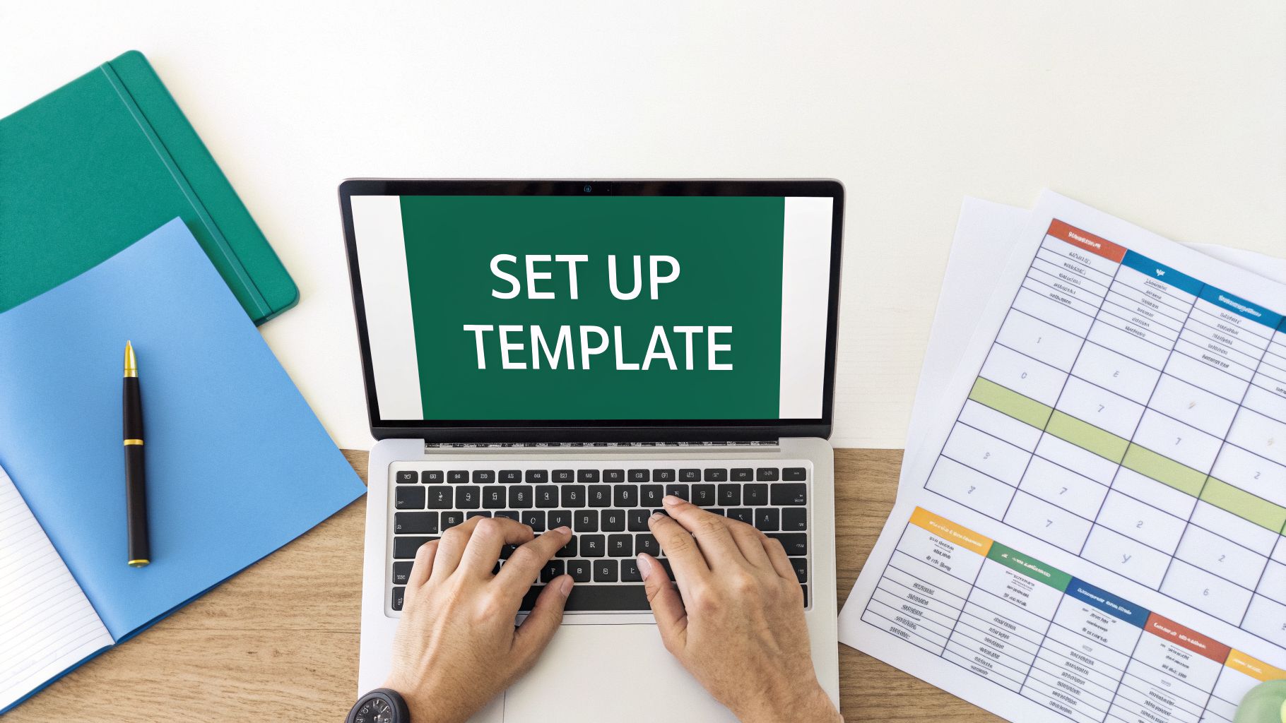 Hands typing on a laptop displaying template setup next to notebooks