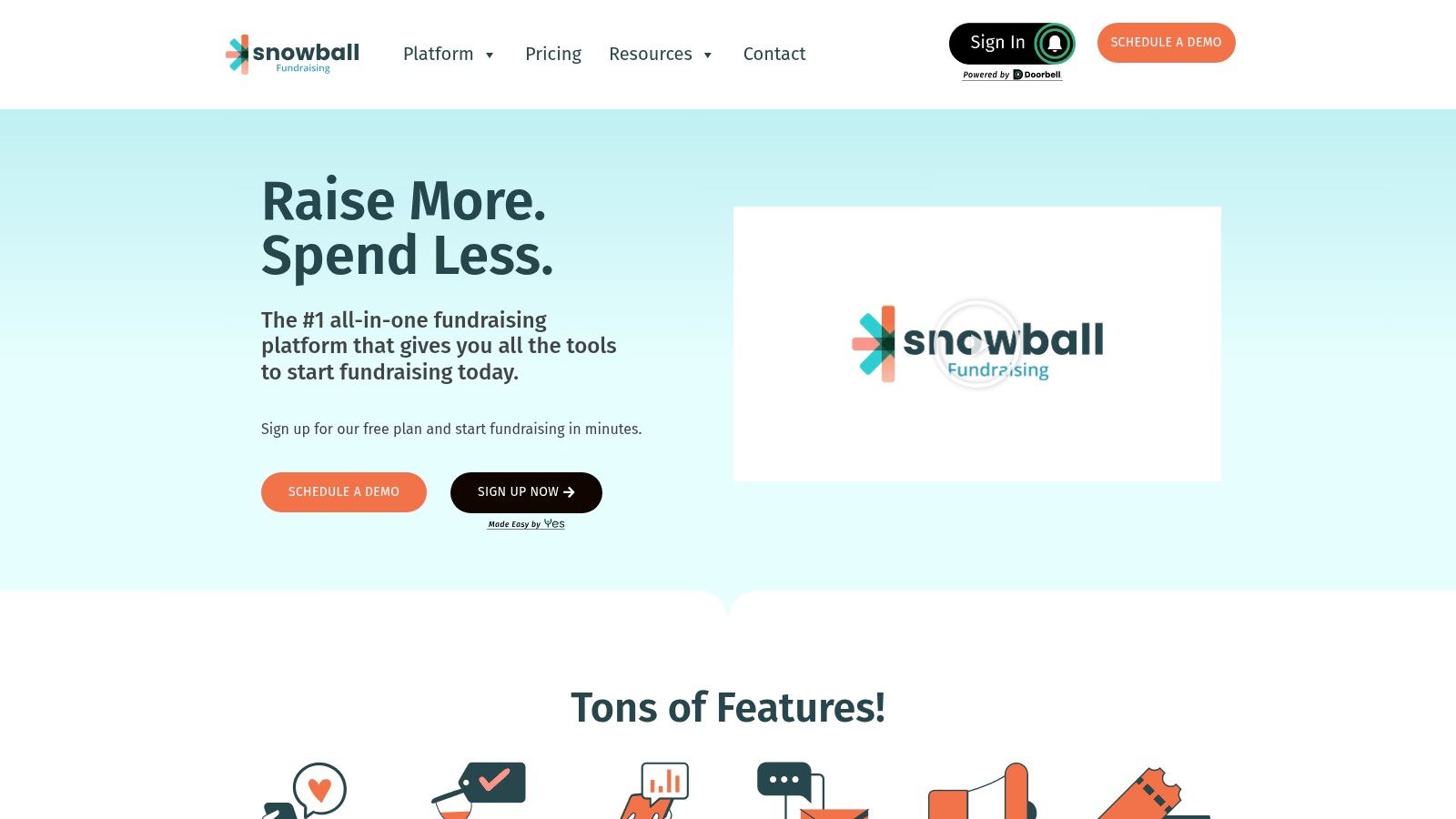 Snowball Fundraising platform homepage interface.