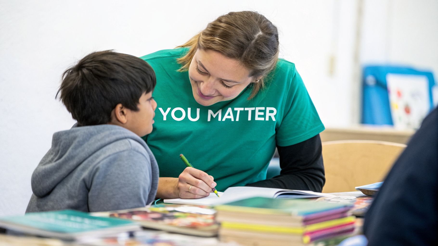 A volunteer tutor wearing a YOU MATTER shirt works with a smiling child, writing in a notebook.