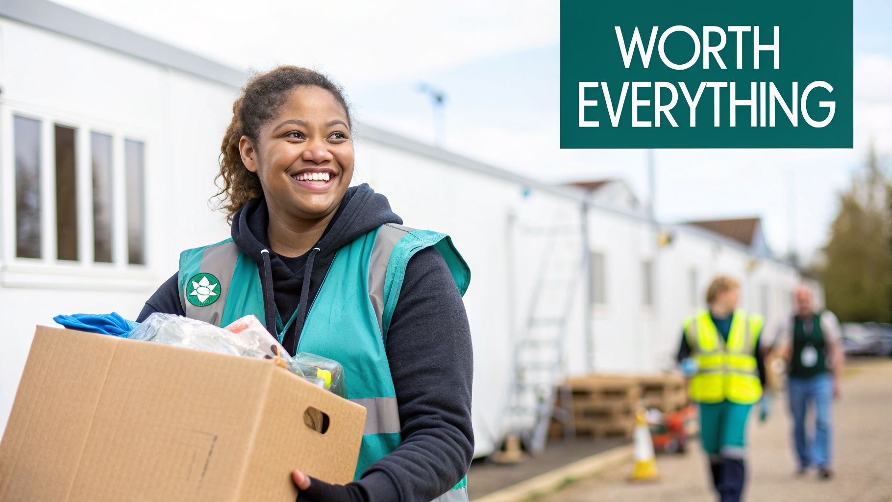 A cheerful female volunteer, wearing a teal vest, smiles while carrying a box of goods.