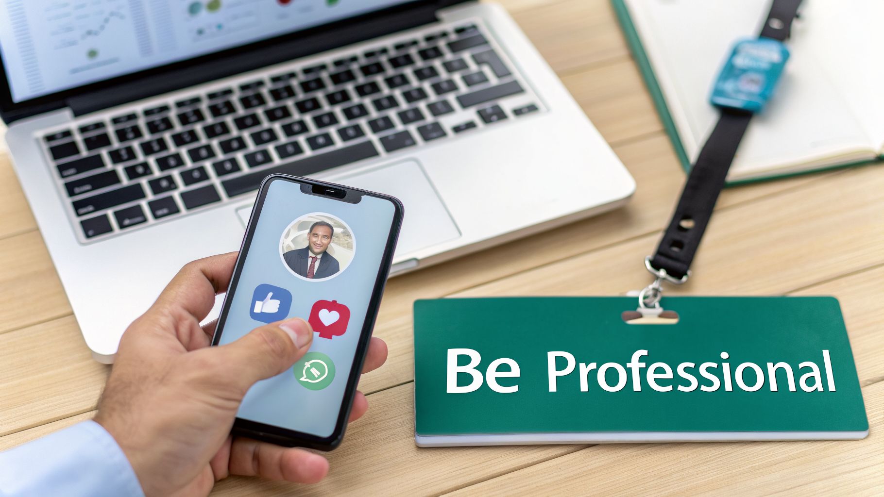 A hand holds a smartphone showing a professional profile and social media reactions, next to a Be Professional badge and a laptop.