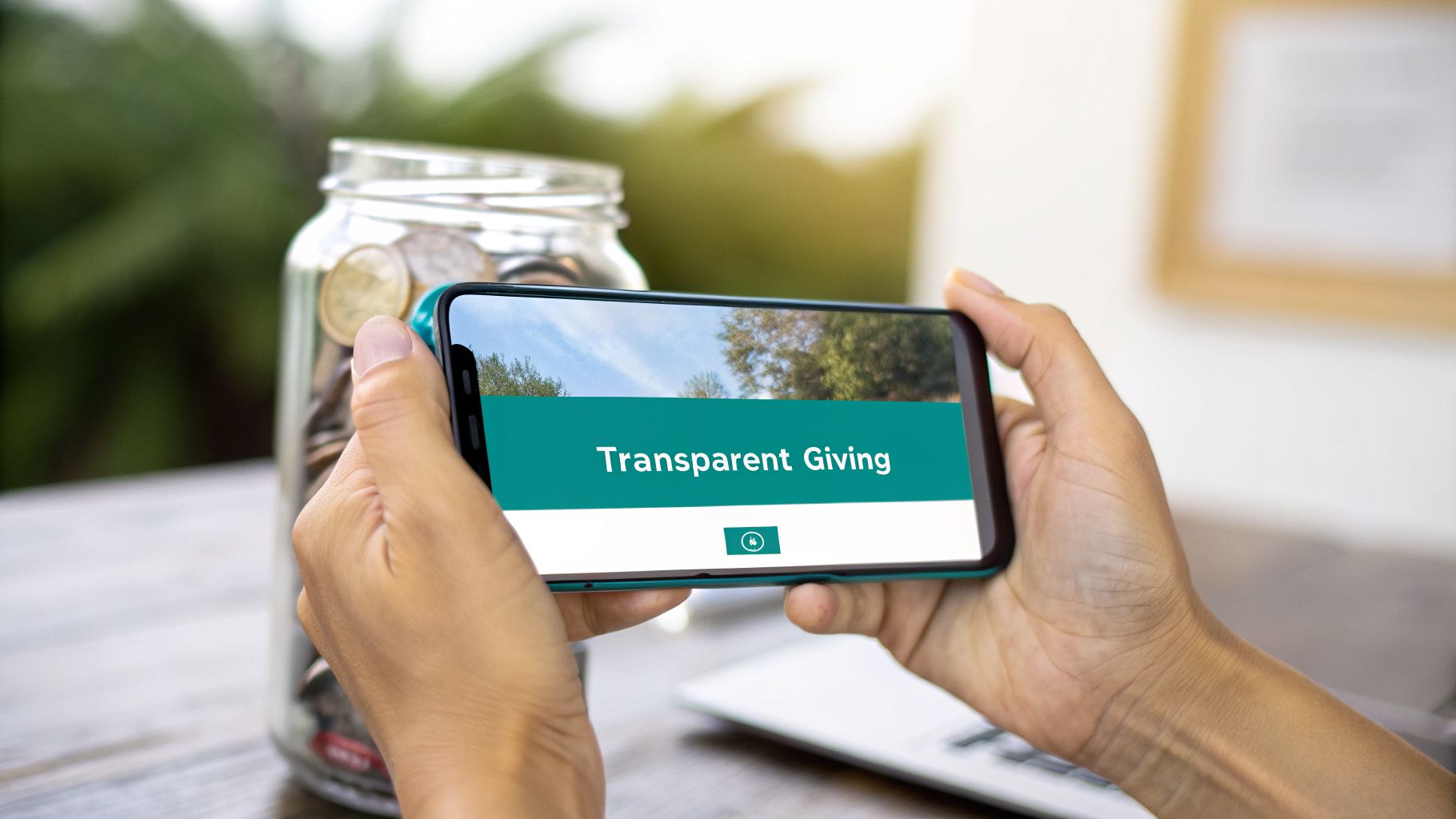 A person's hands holding a smartphone displaying Transparent Giving on its screen, with a full coin jar in the background.