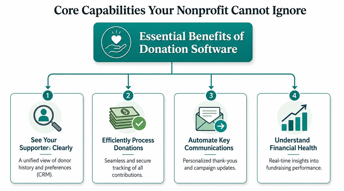 An infographic showing four essential benefits of donation management software for nonprofit organizations.