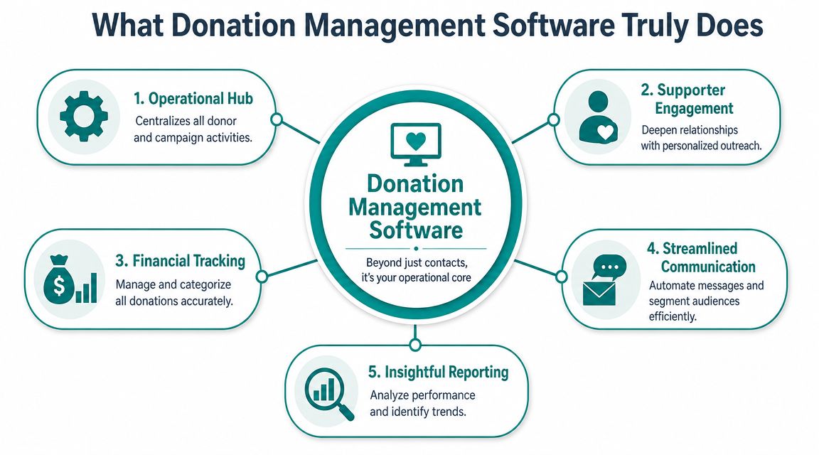 A diagram illustrating the five core functions of donation management software for nonprofit organizations.