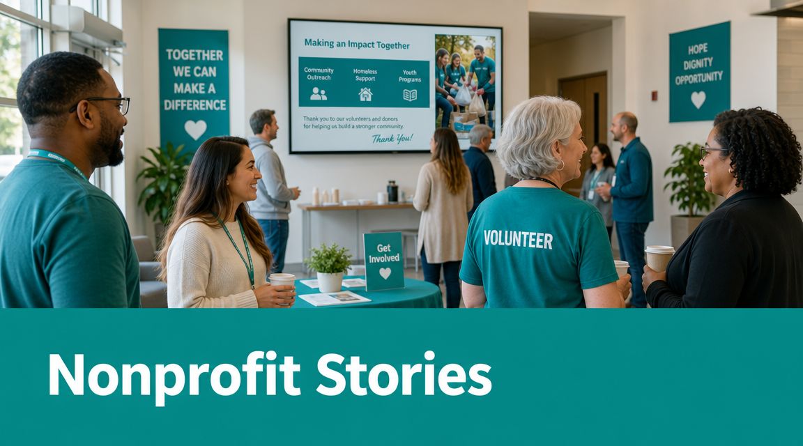 A diverse group of volunteers interacting at a community event in a bright, modern office space.