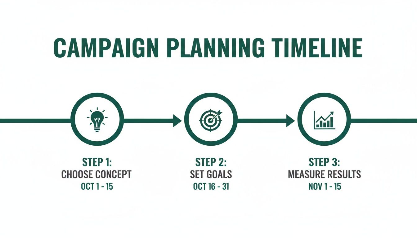 Campaign planning timeline showing steps from choosing a concept to setting goals and measuring results