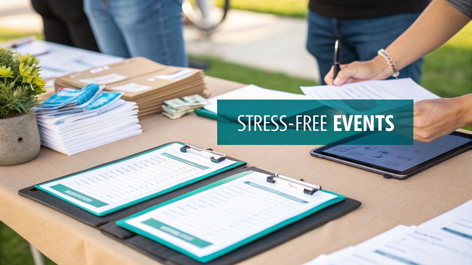Event registration table setup with forms, documents, a tablet, and a person signing papers