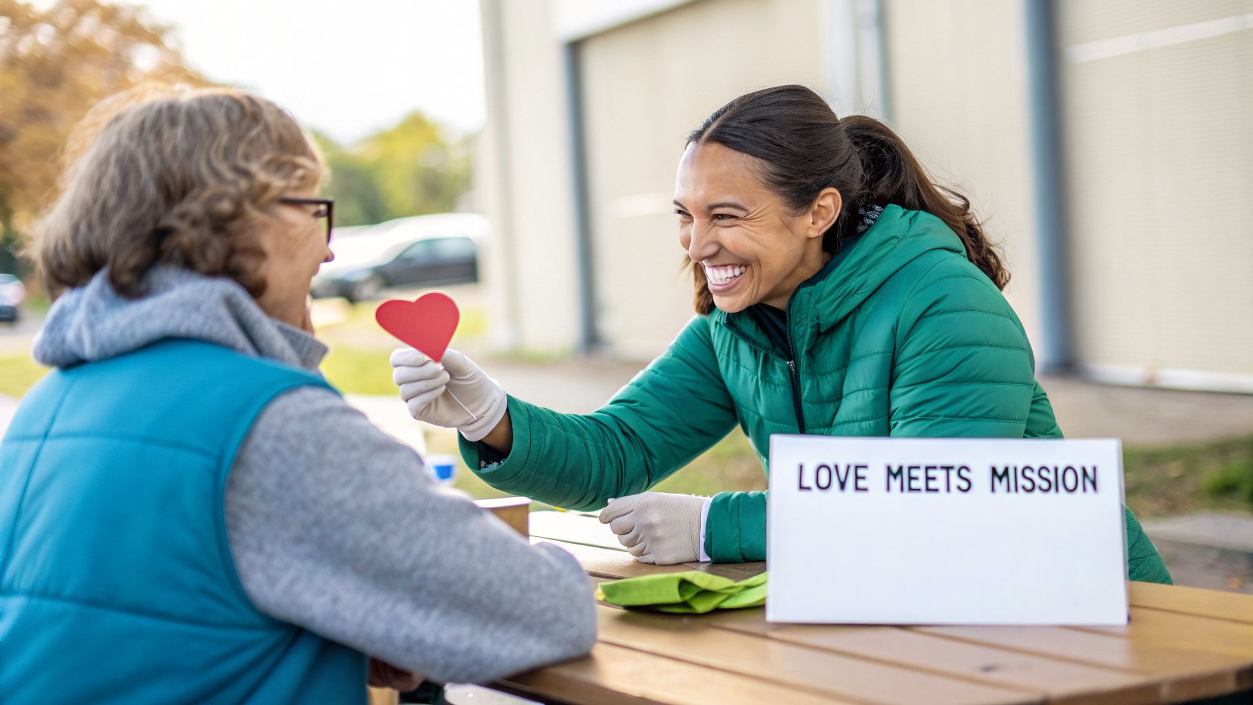 Smiling volunteer offering a red heart to another person at an outdoor event with a Love Meets Mission sign